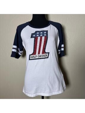 Harley-Davidson Rhinestone Flag T-Shirt 100% Cotton Slim Y2K Biker Americana